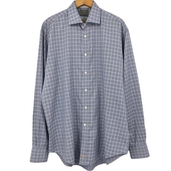 Thomas Dean Men’s Size L Button Up Shirt Plaid Houndstooth Navy Blue Flip Cuff - Picture 1 of 9